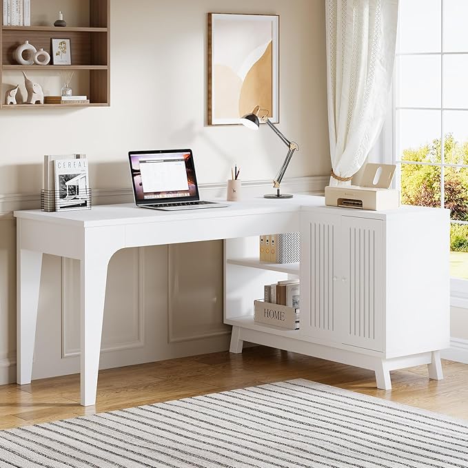 Tribesigns L-Shaped Desk with Storage Cabinet 57-Inch Wood Corner Workstation Home Office Computer Desk Study Writing Table (White)