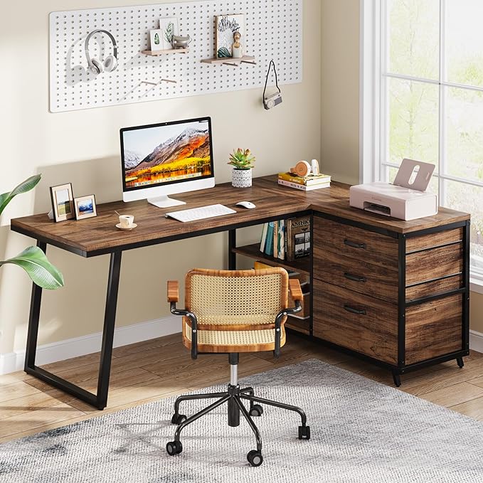Tribesigns L-Shaped Computer Desk with 3 Drawers Reversible Corner Home Office Desk with Shelves 53-Inch Industrial PC Desk Study Writing Table Workstation for Small Space Rustic Brown
