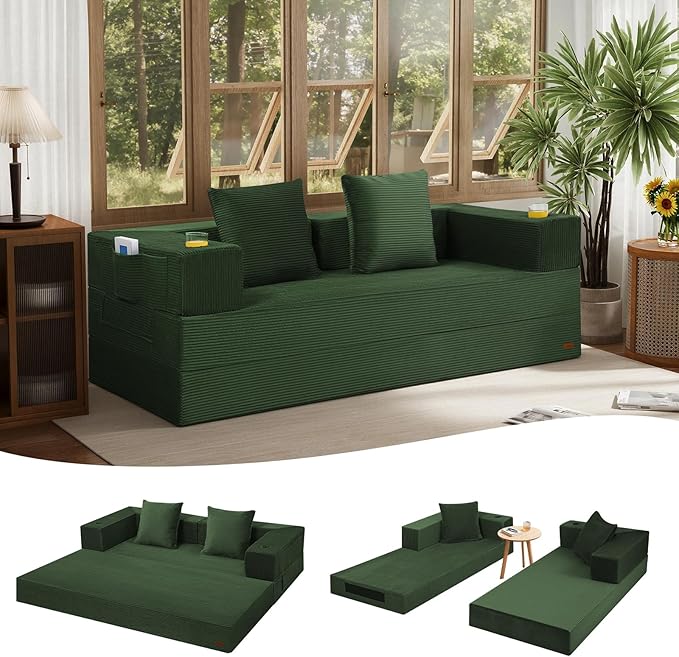 COMAX Queen Size Boneless Couch 79 Futon Sofa Bed Couches for Living Room 4 in 1 Convertible Sleeper Sofa Corduroy Couch Bed Foam in a Box Foldable Cloud Couch Floor Mattress Green