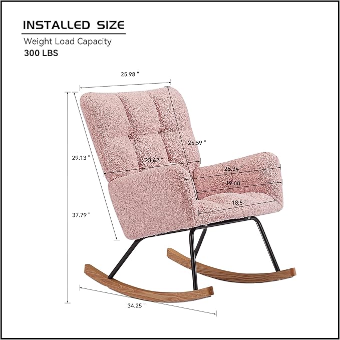 Modern Rocking Chair with High Backrest Armrests Ergonomic Design Lounge Recliner Chair for Living Room Bedroom Playroom Pink Without Soft Seat