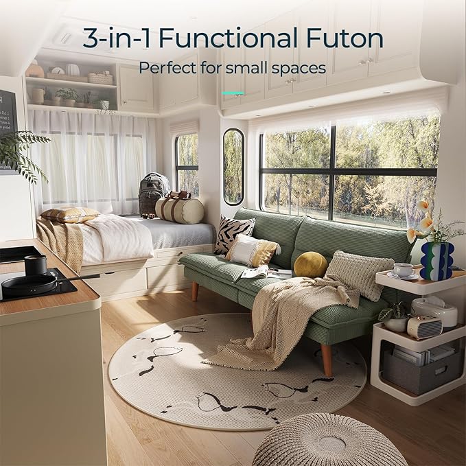 LINSY Futon Sofa Bed: Corduroy Futon Couch with Adjustable Backrest Comfy Loveseat Convertible Folding Sleeper Sofa Couches for Small Spaces Living Rooms Apartment Office Green