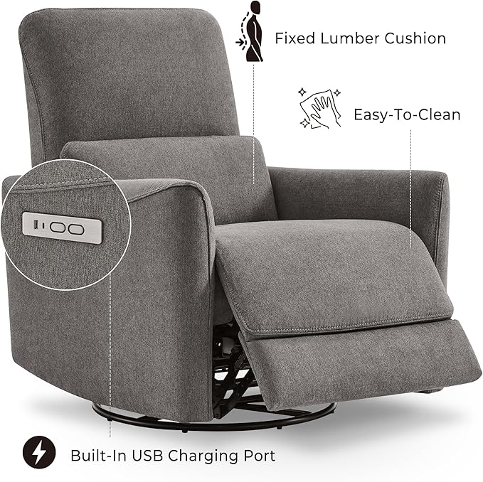 CHITA Power Recliner Chair Swivel Glider FSC Certified Fabric Living Room Reclining Sofa Chair with Lumbar Support Metal Grey