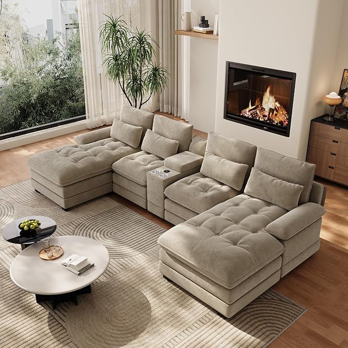 134 Oversized Light Brown Sectional Couches for Living RoomFluffy Couch with Chaise Lounge&ampTufted Buttons U Shaped Living Room Sofa Set FurnitureChenille 6 Seater Couch with Storage Console