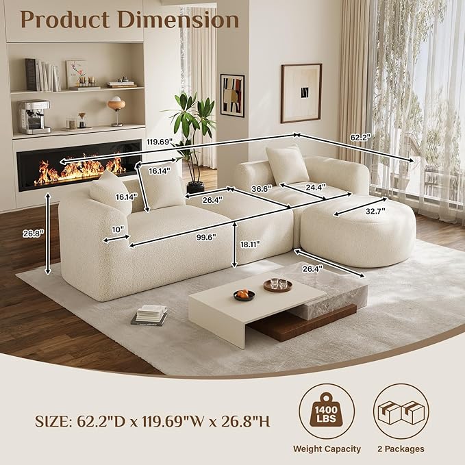 120 Curved Sectional Sofa Cream Cloud Couch Boneless Modular Sectional Couch for Living Room Oversized L Shaped Curved Couches Comfy Modern Sofa Plush Chenille with Ottoman Cream White