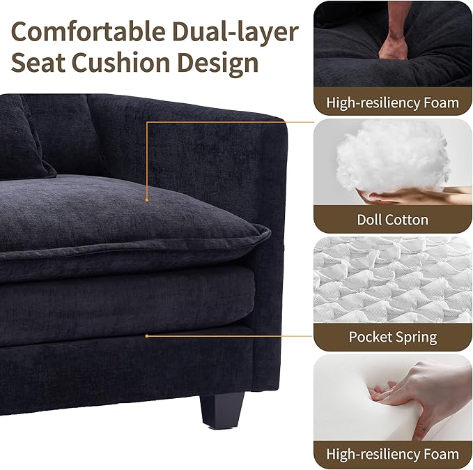 SweetGO corporation 40 Chenille Lounge Chair for Reading Modern Couch Cozy Sofa Bed Upholstered Living Room Single Sofa Accent Chair with Ottoman Black