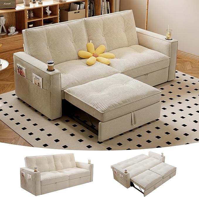 Sleeper Sofa Bed Queen Size Sofa Bed Convertible Pull Out Couch with Adjustable Backrest USB Port and Side Pockets Modern 2 Seater Small Couches for Living Room Space-Saving