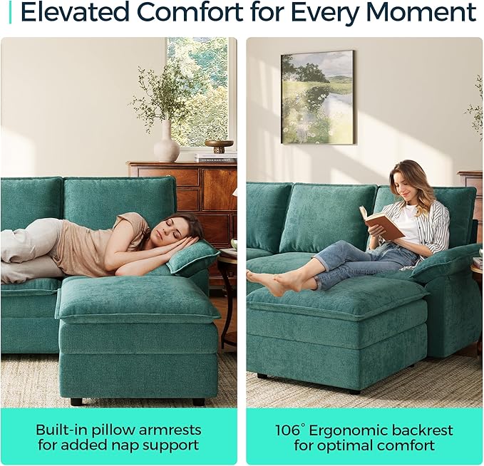LINSY HOME 115 L Shaped Cloud Couch Modular Sectional Sofa with Double Layer Cushions and Ottoman Comfy Chenille 4 Seater Sofa Set for Living Room Apartment Office Green