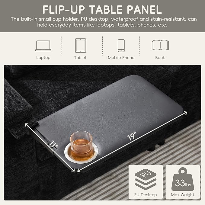 117 * 90'' Modular Sectional Pull-Out Sofa Bed with Flip-up Table Panel Reading Lamp Charging Ports Storage Ottoman 6 Pillows Chenille Oversize &amp Free Combination Couch (Black-10.5)