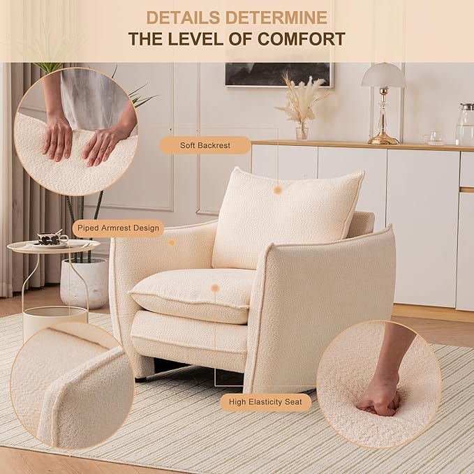 Oversized Accent Chair Modern Single Sofa Cloud Chairs with Removable Pillow Deep Seat Comfy Armchair for Living Room Bedroom Reading Nook - Upholstered Lounge Chair (Beige Set of 2)