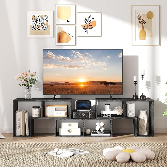 GOFLAME 3 Pieces TV Console Stand Modern Entertainment Center for 50 55 60 65 Inch Flat Screen TV Free Combination Bookcase for Storage &amp Display Suitable for Living Room (Black Wood Grain)
