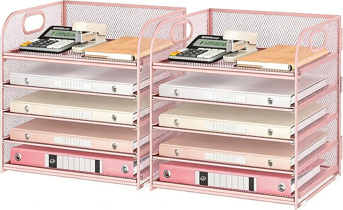 Lavatino Desk Paper Organizer with Handle 2 Pack 5-Tier Pink Mesh Desk File Folder Holder Letter Tray Sorter Organizer for Office Home or School