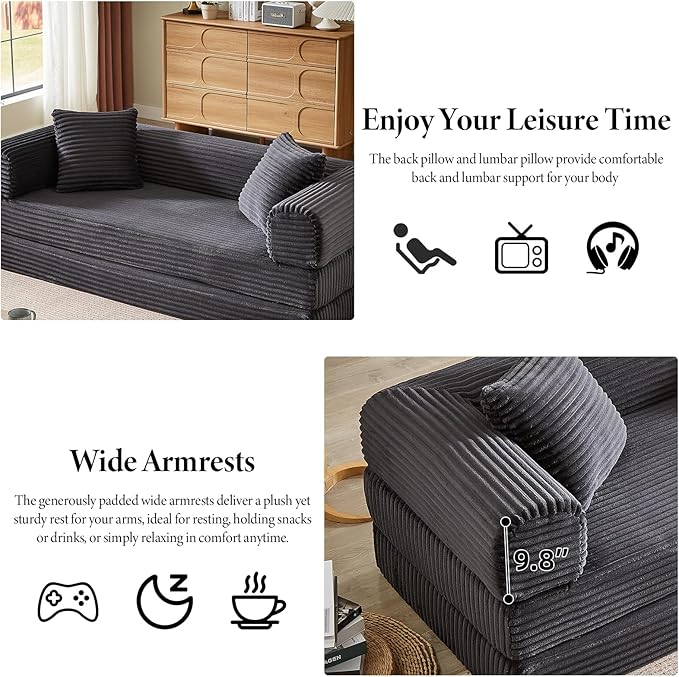 Folding Convertible Sleeper Sofa Bed Corduroy Upholstered Boneless Couch with Pillows Modular Floor Sofa Compression Couch for Living Room No Assembly Required (Dark Gray)