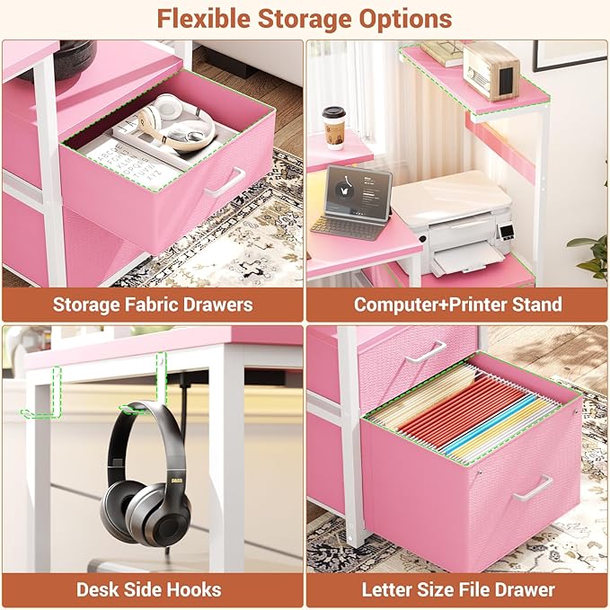 Aheaplus Gaming Desk with LED Strip &amp Power Outlet 59Inch Reversible Computer Desk with Monitor Stand &amp Storage Shelves Home Office Desks with Fabric File Drawer Gamer Table PC Desk Pink