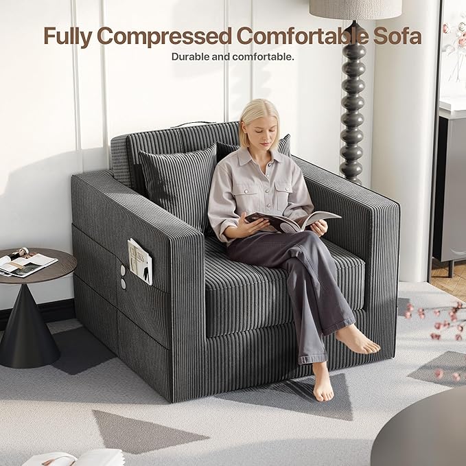 Claiks Convertible Sofa Bed2 in1 Folding Sofa BedArmchair Sleeper Sofa Boneless Corduroy Couch with 2 Pillows Pillows for Living Room BedroomDark Grey