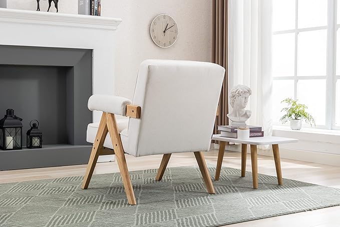 Generic Leisure Chair with Solid Wood Armrest and Feet Mid Century Modern Accent Chair for Living Room Bedroom Studio Chair Beige