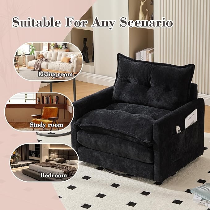 36.2” Swivel Accent Chair with Side Pockets Mid Century Modern Armchair with Solid Metal Base Comfy Single Sofa Chair 360 Degree Swivel Barrel Chairs for Living Room Bedroom (Black)