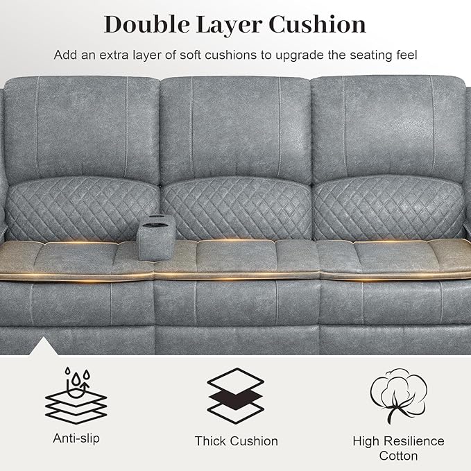 Recliner Sofa 3 Seater Manual Reclining Sofa with 2-Tier Cushion Reclining Couches for Living Room with Removable Console Hidden Storage Space Cup Holders - Gray