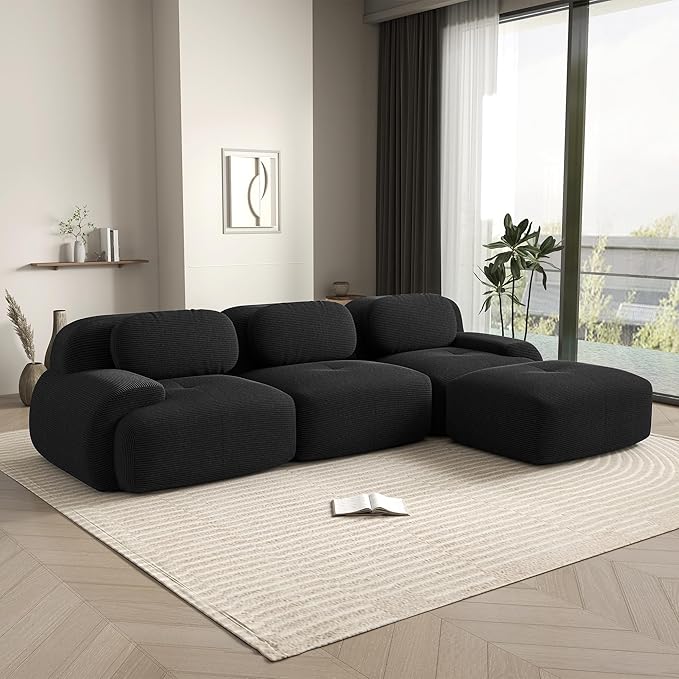 117.3 L-Shaped Inch Modular Sectional Sofa 3-Seater Cloud Couch with Deep Seat Boneless Couch with Pillows for Living Room Apartment Black