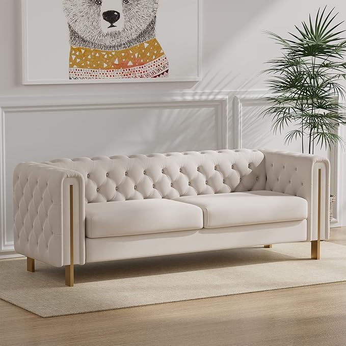 Dolonm Modern Velvet Sofa for Living Room 84 Inches Long Upholstered Sofa Couch with High Armrest and Metal Legs Decor Furniture for Bedroom Office (Cream)
