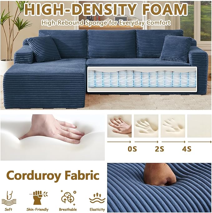 Minimalist Boneless Cloud Couches for Living Room Corduroy L Shaped Modular Sectional Sofa Couch W/Deep Seat &amp High-Back Comfy Memory Foam Couch Sofa in A Box (Blue Left Facing Chaise)