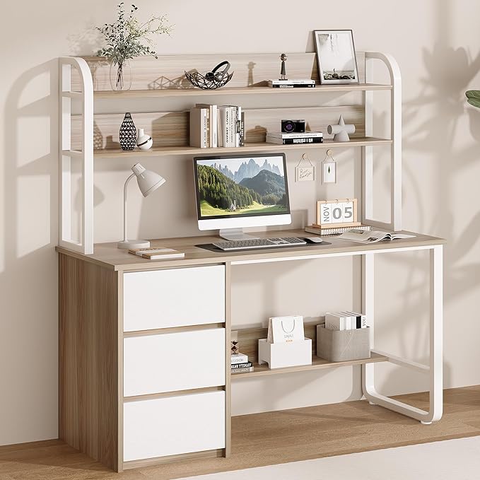 Computer Desk with 3 Drawers and Shelves 55 Inch Desk with Hutch for Small Spaces Study Writing Desk with Shelves for Bedrrom Adjustable Feet Walnut