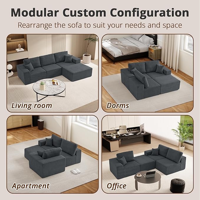 Modular Sectional Couch Modern 108 L Shaped Boneless Cloud Couch with Deep Seat Sectional Sofa for Living Room Bedroom Apartments Dorms No Assembly Required Dark Grey