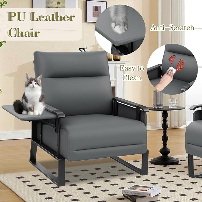 PU Leather Accent Chair with Side Table Living Room Side Chairs Set of 2 Modern Upholstered Armchair Office Club Chairs Grey