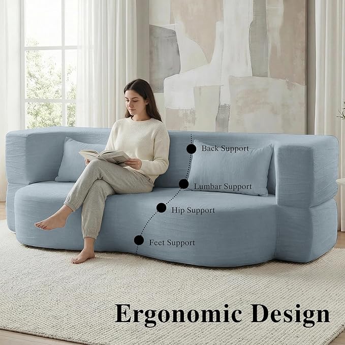 Convertible Sofa Bed 78'' Queen Size Folding Sleeper Sofa with Pillow 2-in-1 Teddy Fabric Boneless Loveseat Floor Couch &amp Mattress for Living Room Guest Room No Assembly Required (Blue)