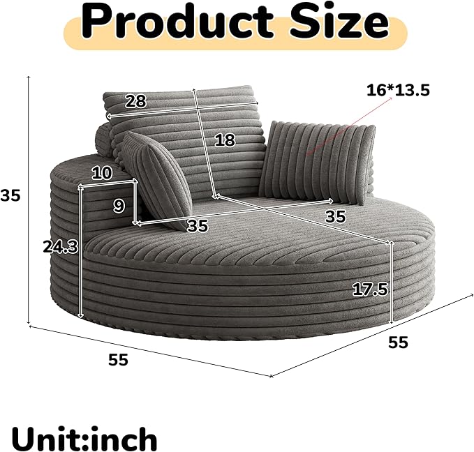 KEIKI 55 Oversized 360 Degree Swivel Chair Large Barrel Chairs Upholstered Round Swivel Chair Corduroy Single Sofa Armchair Sleeper Chair for Living Room Lounge Gray