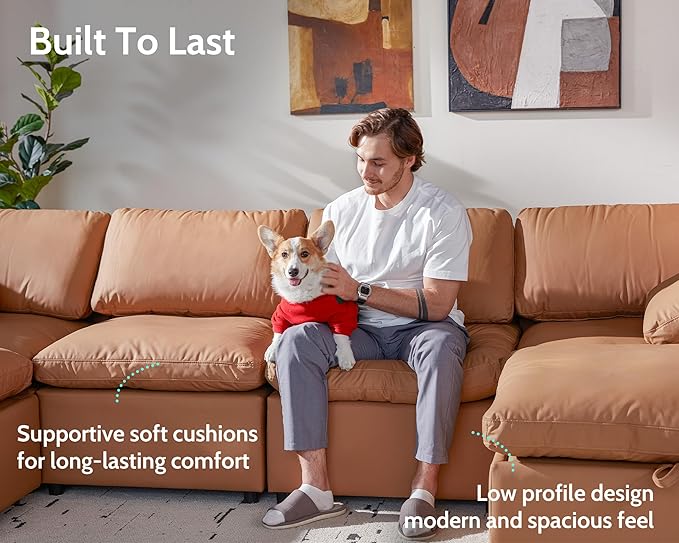 WEUP 130 Faux Leather Sectional Couch U Oversized Shaped Modular Sofa with Storage Ottoman Scratch Resistant Leather Sofa Spacious Deep Seat Mid Century Modern Couches for Living Room Brown