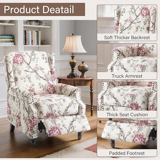 Set of 2 Floral Pushback Recliner Chairs Fabric Upholstered Rivet Trim Accent Club Chairs for Living Room Home Theater- Red Floral