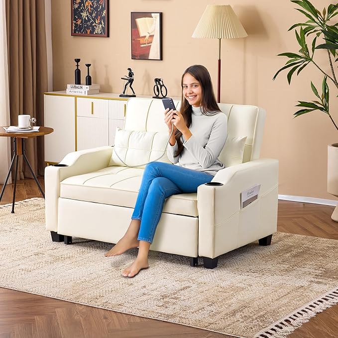 VINGLI Beige Futon Sofa Bed Convertible Loveseat Sleeper Couch Faux Leather Pullout Sofa Fold Out Couch Bed with USB Ports Cup Holders Armrest for Living Room Bedroom Apartment Room