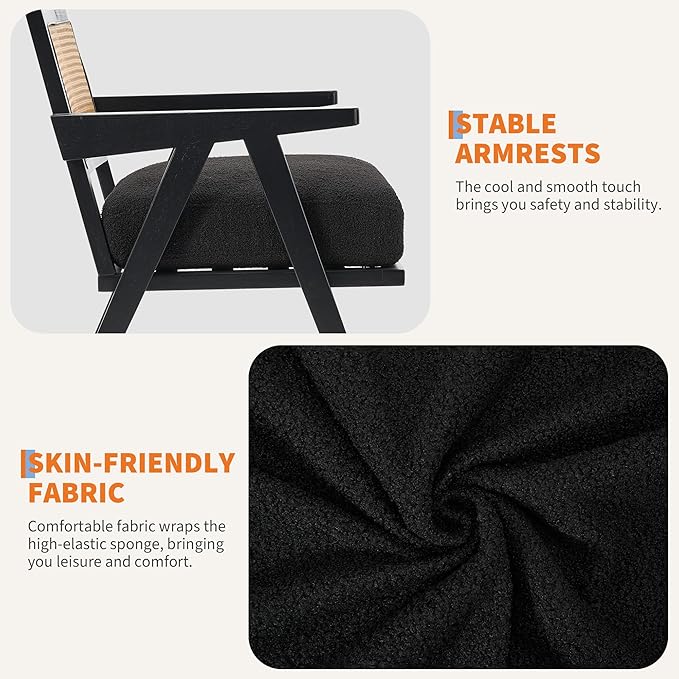 GarveeHome Mid-Century Farmhouse Accent Chair - Wood Armchair with Rattan Backrest &amp Linen Cushion for Living Room Bedroom - Black Easy Assembly