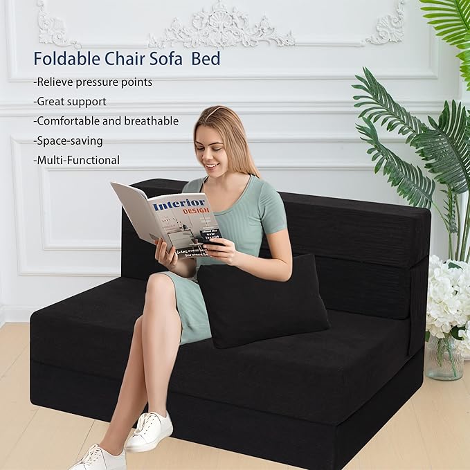 Sofa Bed Foldable Mattress Folding Sleeper Sofa Chair Bed Floor Mattress with Pillow for Living Room Home Office (Black-Corduroy Twin)