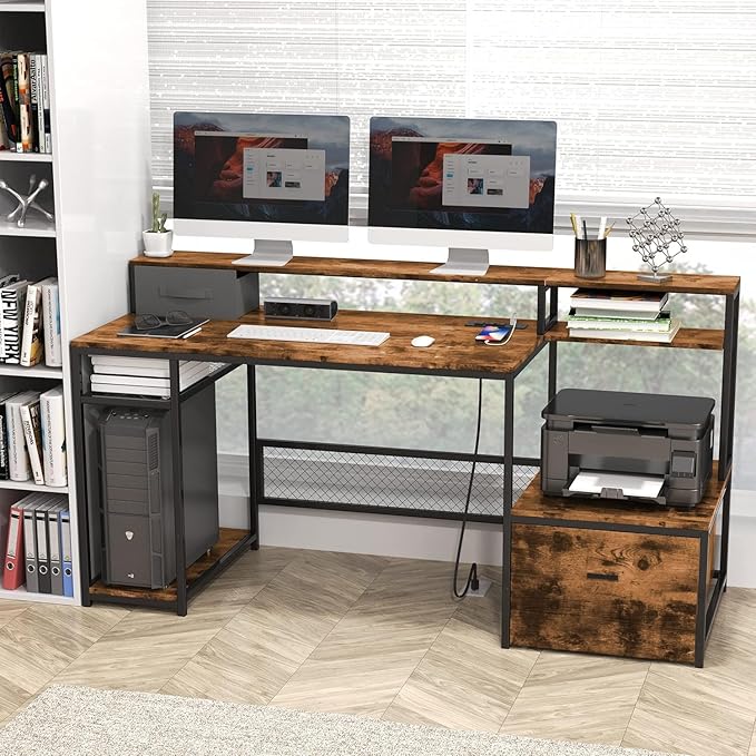 Home Office Desks with Drawers 66'' Computer Desk with Storage Office Desk with Monitor Stand Work Desk with Outlets and USB Gaming Table Desk with File Cabinet for Home Office Table Brown