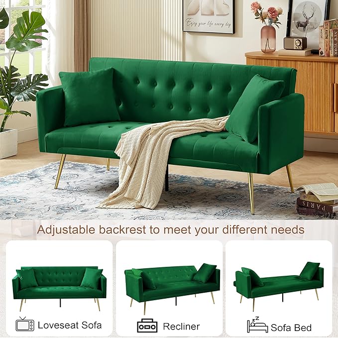 Anwick Modern Velvet Futon Sofa Bed: 72 Satin Convertible 2 Pillows Tufted Back Golden Metal Legs Folding Sleeper Loveseat for Small Space Home Office Living Room (Green)