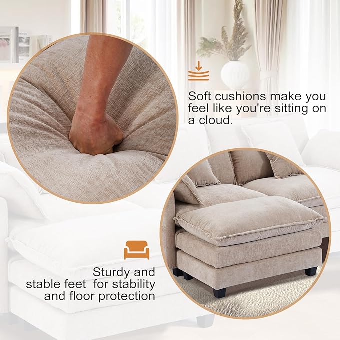 Furniliving 46‘’ Oversized Chair with Ottoman Luxury Chenille Single Sofa Upholstered Deep Seat Chaise Lounge with Pillows for Living Room Bedroom Apartment Camel