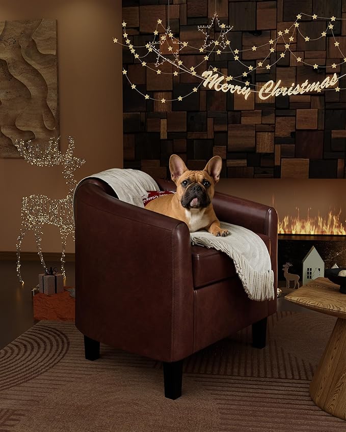 DEXSO Faux Leather Barrel Chair Accent Club Chair with U-Shaped Backrest &amp Soft Padded Seat – Elegant Armchair for Living Room Bedroom Office &amp Waiting Areas-Brown