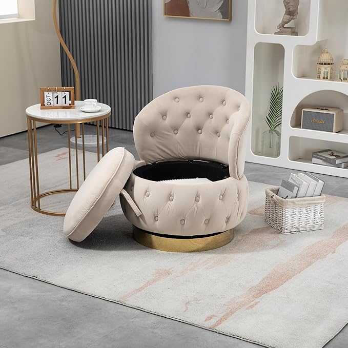 Swivel Barrel ChairVelvet Swivel Accent Chairs Modern Round Storage Small Chairs 360 Degree Upholstered Swivel Boucle Chair for Living Room Bedroom（Beige）