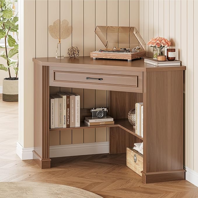 SEDETA Corner Desk for Small Space Corner Computer Desk Small Computer Desk with Drawers and Storage Shelves for Home Office Living Room Bedroom Brown