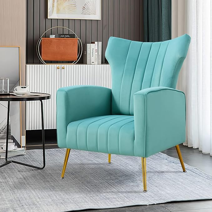 Modern Velvet Accent Chair with Arms Wingback Reading Chair with Gold Metal Legs Comfy Upholstered Single Leisure Sofa for Living Room Bedroom Club(Velvet+Blue)