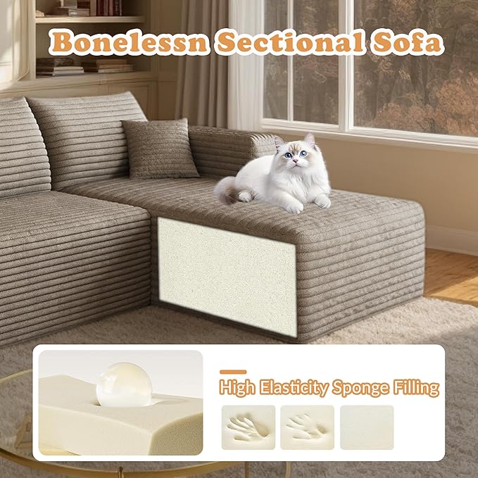 94 Corduroy Upholstered Boneless Couches with Chaise/Ottoman U Shape Modular Sectional Sofa with Deep Seat Cloud Sectional Fluffy Couches for Living Room No Assembly Required (Camel) | Removable O