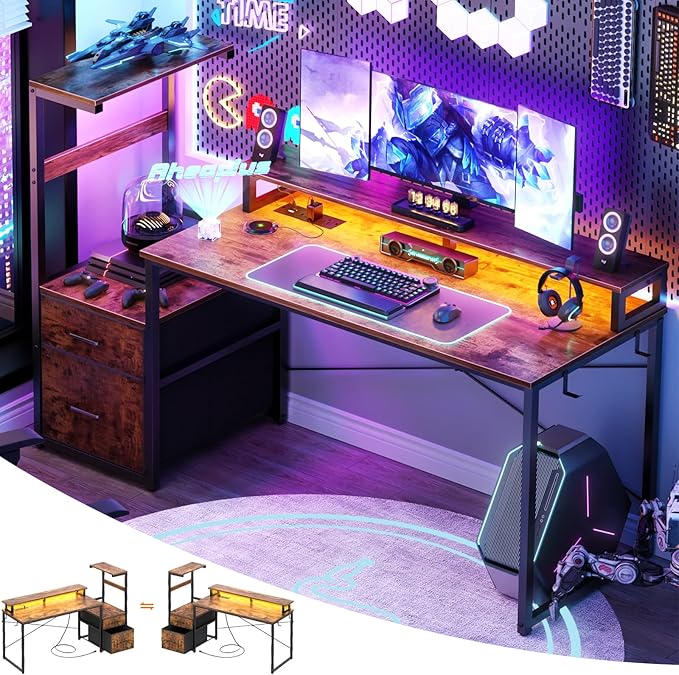 Aheaplus Gaming Desk with LED Strip &amp Power Outlet 59Inch Reversible Computer Desk with Monitor Stand &amp Storage Shelves Home Office Desks with Fabric File Drawer Gamer Table PC Desk Rustic