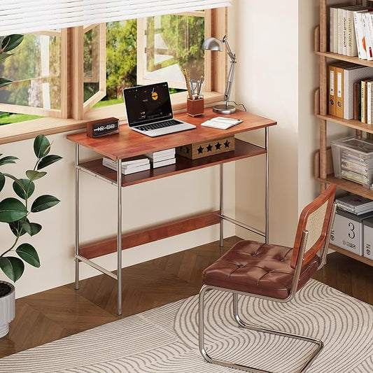 100% Solid Wood Desk 39 Inch Writing Computer Desk for Small Spaces Vintage Home Office Desks Mid Century Modern Desks with Thickened Stainless Steel Legs for Study Makeup &amp Workstation (Cherr