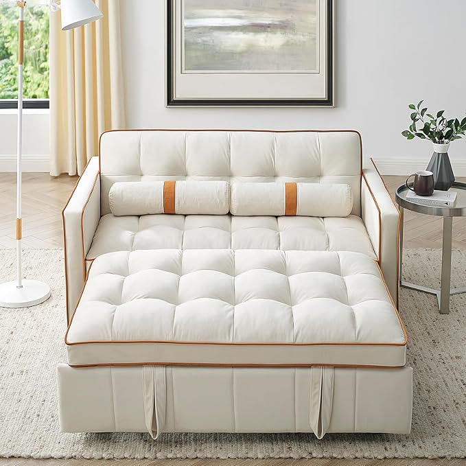 3-in-1 Convertible Sleeper Sofa Bed55.5 Modern Velvet Tufted Pull Out Couch BedFuton Small Love Seat Sofa with Adjustable Backrest&ampCylinder Pillows for Living RoomBedroomApartment(Beige)