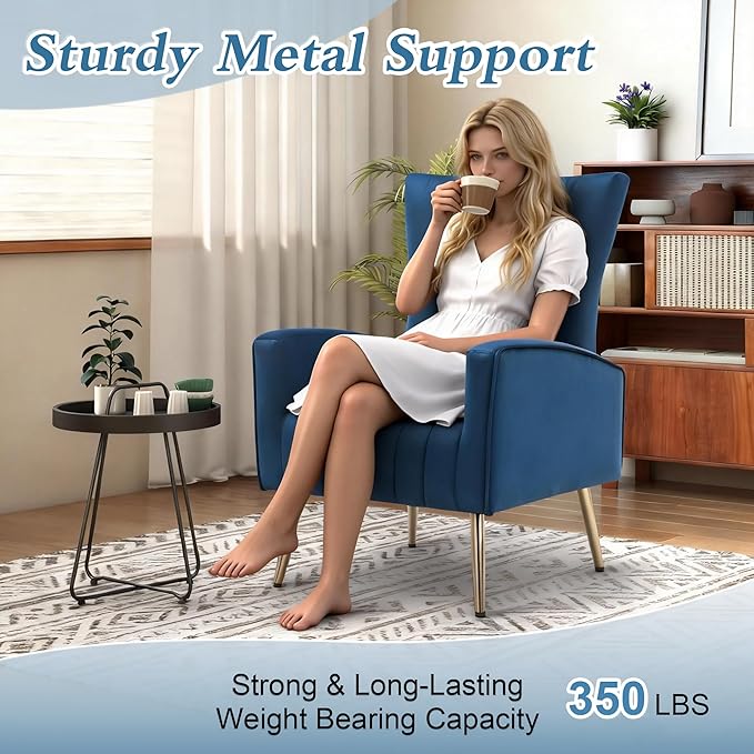 LSSPAID Velvet Accent Chairs Set of 2 Modern Fabric Upholstered Living Room Chairs Armchairs with Wing Back and Metal Legs Navy Blue