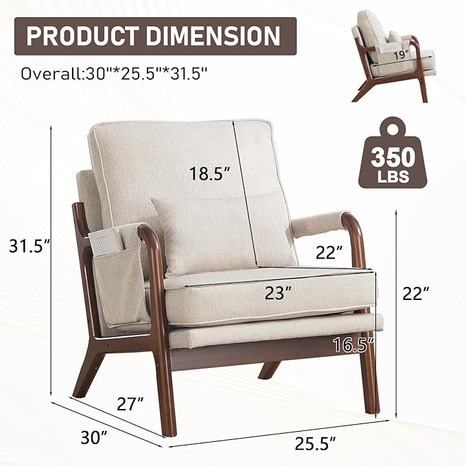 ANJ Mid Century Modern Accent Chair Lounge Reading Armchair with Extra Side Pocket &amp Detachable Cushion Comfy Fabric Accent Chairs for Living Room BedroomBeige