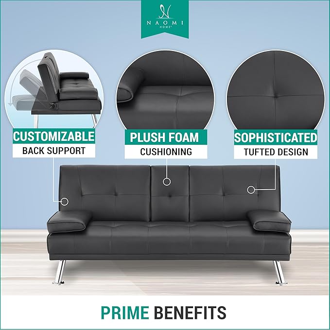 Naomi Home Low Profile Design: Convertible Folding Futon Sofa Bed Sleeper Couch for Living Room Faux Leather Upholstered Futon Sofa with Armrests Metal Legs 2 Cup Holders Black