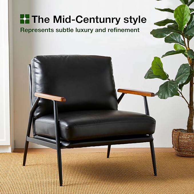Glitzhome Mid-Century Modern Accent Chair PU Leather Ultra Soft Living Room Armchair Lounge Chairs with Steel Frame &amp Wooden Armrest for Living Room Home Office Reading Room Black