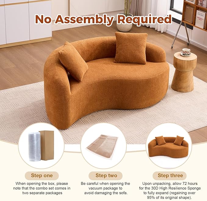 Luxury Modern Chenille Sectional Sofa Tai Chi Curved Compression Couch Boucle Cozy Soft Loveseat for Living Room Apartment Office (Orange)